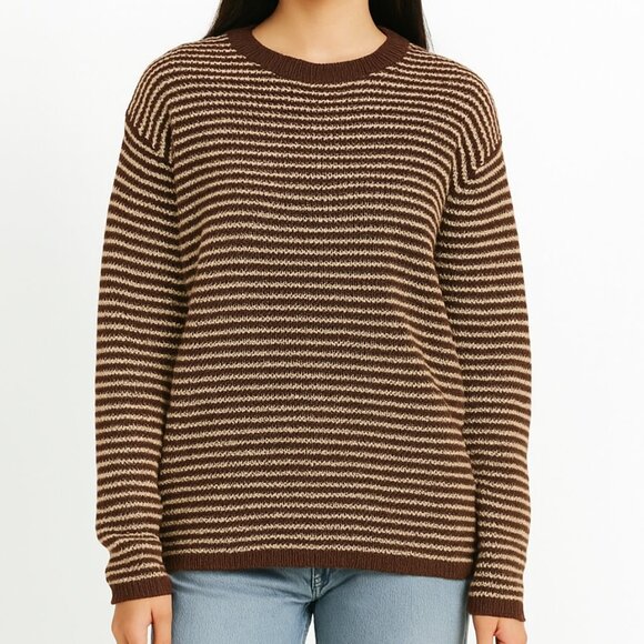 DAY & AGE Contrasting Knit Pullover Sweater in Rust Brown Stripe Size Small NWOT - Picture 1 of 7